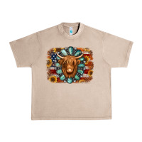 French Oak american flag sunflowers highland cow turquoise background Urban Heavy Tee - Jasminsmagicworld