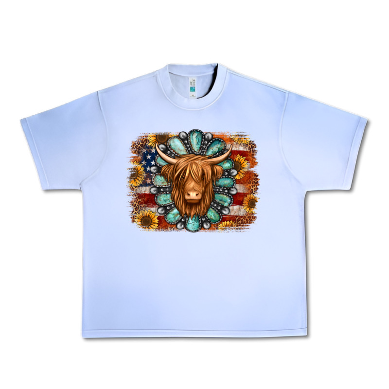 American Flag Sunflowers Highland Cow Turquoise Background Urban Heavy Tee by Jasminsmagicworld | Teevron