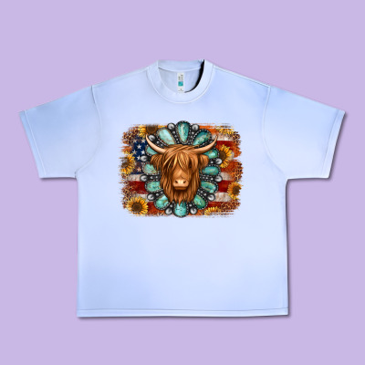 American Flag Sunflowers Highland Cow Turquoise Background Urban Heavy Tee Designed By Jasminsmagicworld