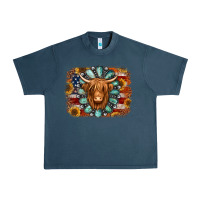 Midnight Navy american flag sunflowers highland cow turquoise background Urban Heavy Tee - Jasminsmagicworld
