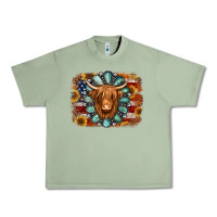 Oil Green american flag sunflowers highland cow turquoise background Urban Heavy Tee - Jasminsmagicworld
