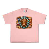 Salmon american flag sunflowers highland cow turquoise background Urban Heavy Tee - Jasminsmagicworld