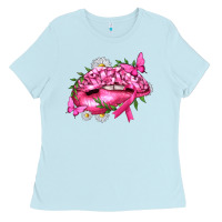 Breast Cancer With Ribbon Pink Lips Ladies Tee | Teevron