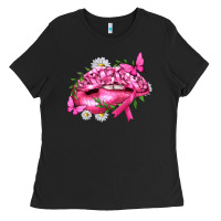 Black Breast Cancer with Ribbon Pink Lips Ladies Tee - texasbilliewilder