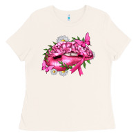 Bone Breast Cancer with Ribbon Pink Lips Ladies Tee - texasbilliewilder