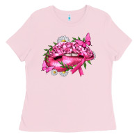 Bubblegum Pink Breast Cancer with Ribbon Pink Lips Ladies Tee - texasbilliewilder