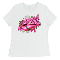 White Breast Cancer with Ribbon Pink Lips Ladies Tee - texasbilliewilder