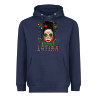Navy Proud Latina Skull Girl Messy Bun Heavyweight Hoodie - texasbilliewilder