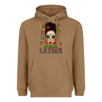 Toasted Coconut Proud Latina Skull Girl Messy Bun Heavyweight Hoodie - texasbilliewilder