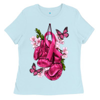 Baby Blue Cancer Boxing Gloves with Ribbon Ladies Tee - texasbilliewilder