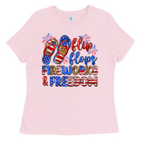 Bubblegum Pink flip flops fireworks and freedom Ladies Tee - Zillion Design Studio