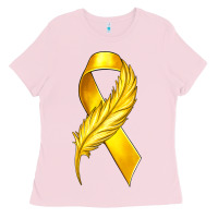 Bubblegum Pink Childhood Cancer Ribbon with Feather Ladies Tee - texasbilliewilder
