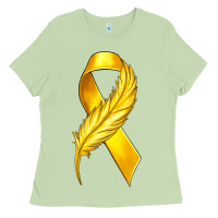 Matcha Childhood Cancer Ribbon with Feather Ladies Tee - texasbilliewilder