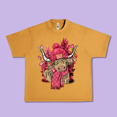 Pink Winter Long Haired Cow Urban Heavy Tee Designed By Nancycooperartshop