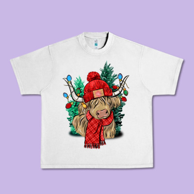 Red Christmas Long Haired Cow Urban Heavy Tee Designed By Nancycooperartshop