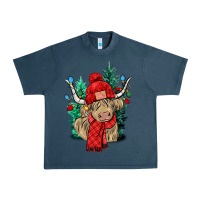 Midnight Navy Red Christmas long haired Cow Urban Heavy Tee - NancyCooperArtShop