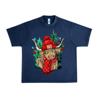 Navy Red Christmas long haired Cow Urban Heavy Tee - NancyCooperArtShop
