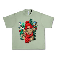 Oil Green Red Christmas long haired Cow Urban Heavy Tee - NancyCooperArtShop