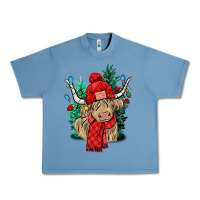 Pebble Blue Red Christmas long haired Cow Urban Heavy Tee - NancyCooperArtShop
