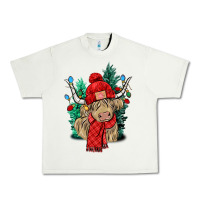 Pistachio Red Christmas long haired Cow Urban Heavy Tee - NancyCooperArtShop