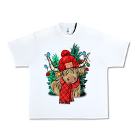 White Red Christmas long haired Cow Urban Heavy Tee - NancyCooperArtShop