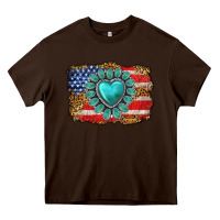 Chocolate Brown American flag leopard turquoise gemstone Heavy Core Tee - Neo Western