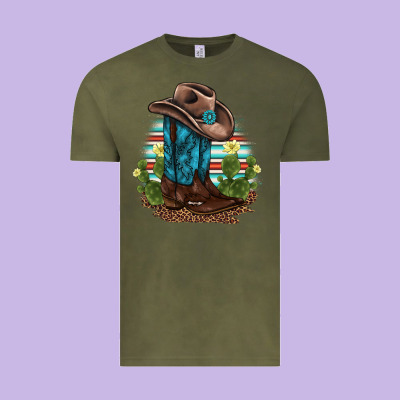 Western Boots And Hat Cactus Leopard Serape Pattern Vintage Tee Designed By Barkaloodesign
