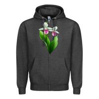 Charcoal Heather Pink And White Lady's Slipper Flower Zipper Hoodie - LillyAllenDesigns