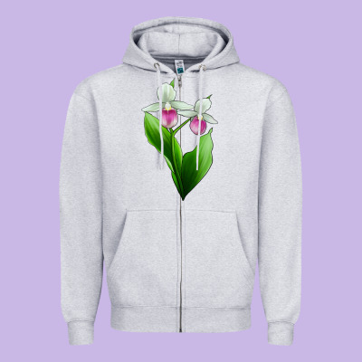 Pink And White Lady's Slipper Flower Zipper Hoodie Designed By Lillyallendesigns