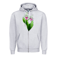 Heather Grey Pink And White Lady's Slipper Flower Zipper Hoodie - LillyAllenDesigns