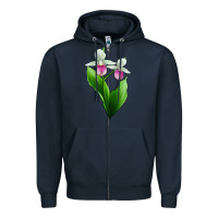 Navy Pink And White Lady's Slipper Flower Zipper Hoodie - LillyAllenDesigns
