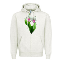 Oatmeal Heather Pink And White Lady's Slipper Flower Zipper Hoodie - LillyAllenDesigns