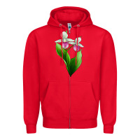Red Pink And White Lady's Slipper Flower Zipper Hoodie - LillyAllenDesigns
