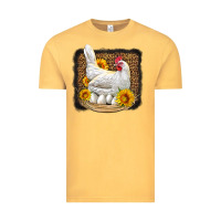 Vintage Mustard perched chicken with sunflowers leopard background Vintage Tee - LillyAllenDesigns