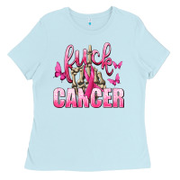 Baby Blue Fuck Cancer with Butterflies Ladies Tee - texasbilliewilder