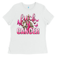 White Fuck Cancer with Butterflies Ladies Tee - texasbilliewilder