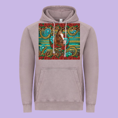 Western Horse Horseshoe Roses Gemstones Glitter Wooden Vintage Hoodie Designed By Artiststas