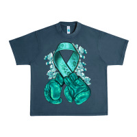 Midnight Navy teal ribbon with boxing gloves Urban Heavy Tee - NancyCooperArtShop