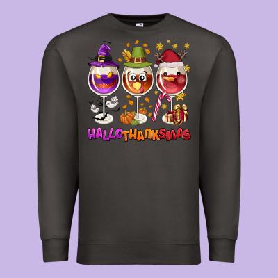 Hallothanksmas Wine Glasses Premium Sweatshirt Designed By Nancycooperartshop