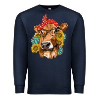 Navy Western Cow with Sunflowers and Gemstone Premium Sweatshirt - texasbilliewilder