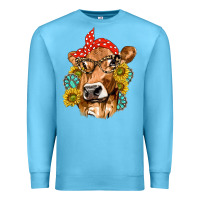Ocean Blue Western Cow with Sunflowers and Gemstone Premium Sweatshirt - texasbilliewilder
