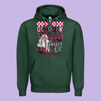 Pink Ghost Breast Cancer Awareness Zipper Hoodie Designed By Lillyallendesigns