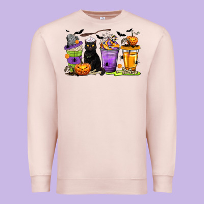 Halloween Cat Coffee Cups Premium Sweatshirt Designed By Texasbilliewilder