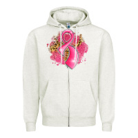 Oatmeal Heather breast cancer awareness ribbon with glitter pink l Zipper Hoodie - LillyAllenDesigns
