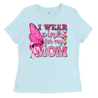 Baby Blue I Wear Pink For My Mom with Butterfly Ladies Tee - texasbilliewilder