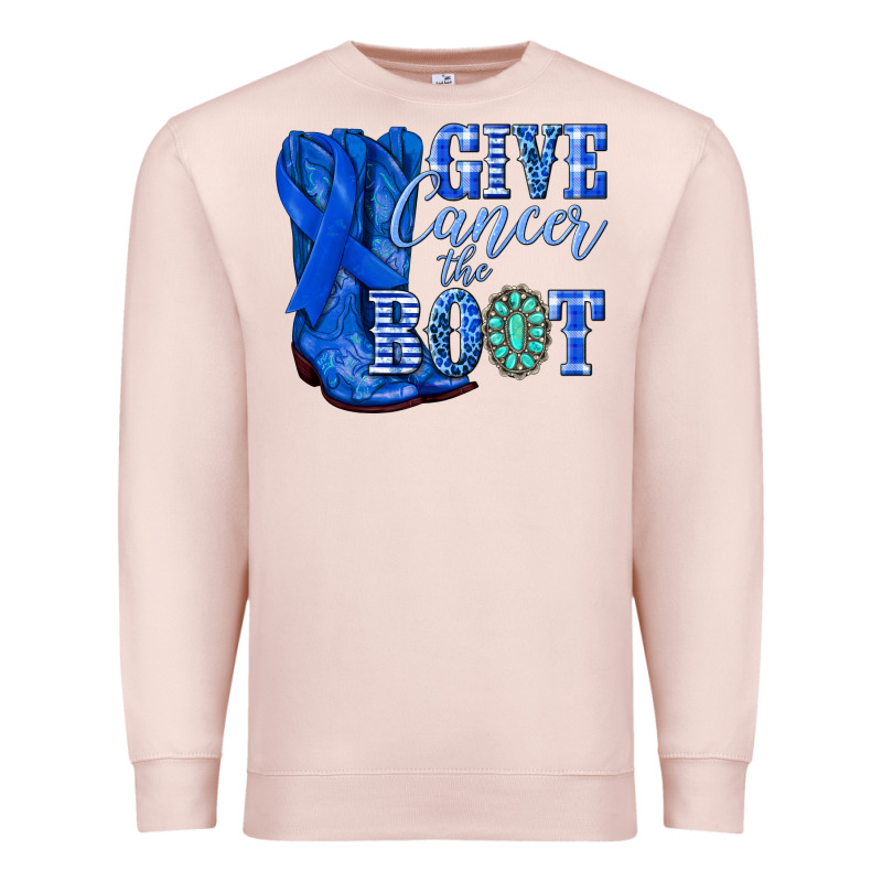 Give Cancer The Boot Colon Cancer Blue Ribbon Nca Premium Sweatshirt by NancyCooperArtShop | Teevron