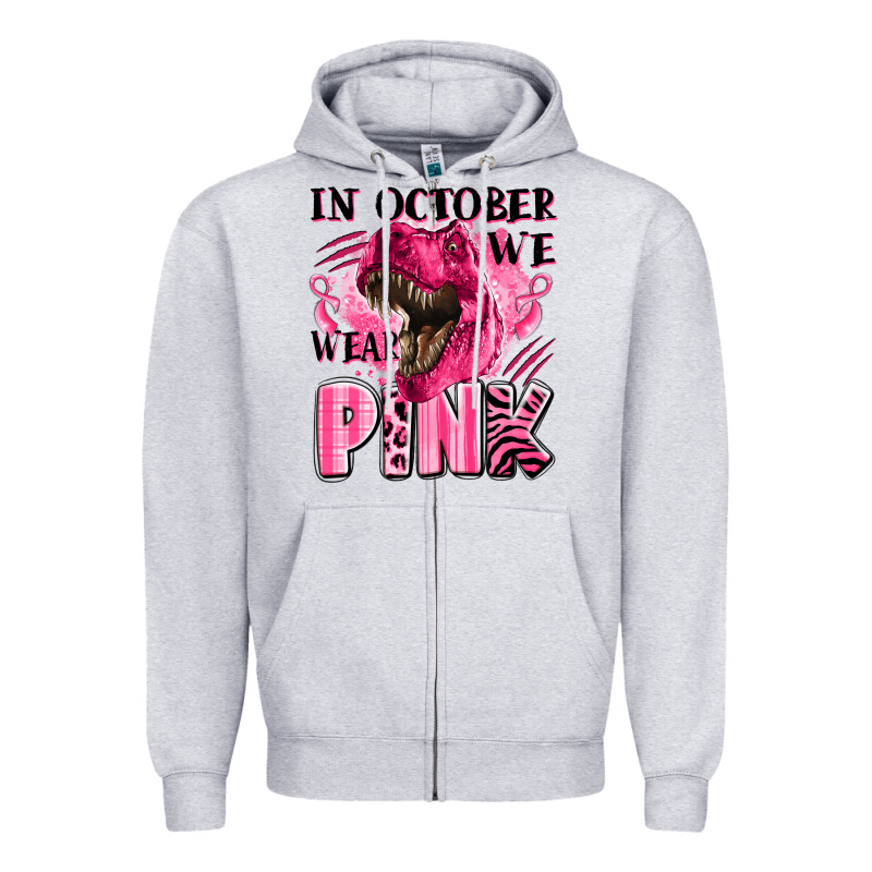 In October We Wear Pink Dinosaur Zipper Hoodie by LillyAllenDesigns | Teevron