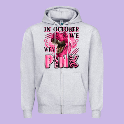 In October We Wear Pink Dinosaur Zipper Hoodie Designed By Lillyallendesigns