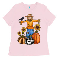 Bubblegum Pink pumpkin sunflower fall scarecrow Ladies Tee - RanaPortraitStore