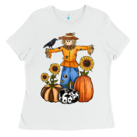 White pumpkin sunflower fall scarecrow Ladies Tee - RanaPortraitStore